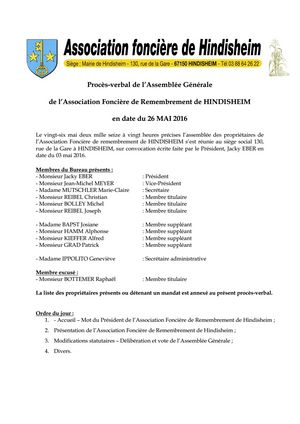 PV Association Foncière de Remembrement de HINDISHEIM du 26 05 2016